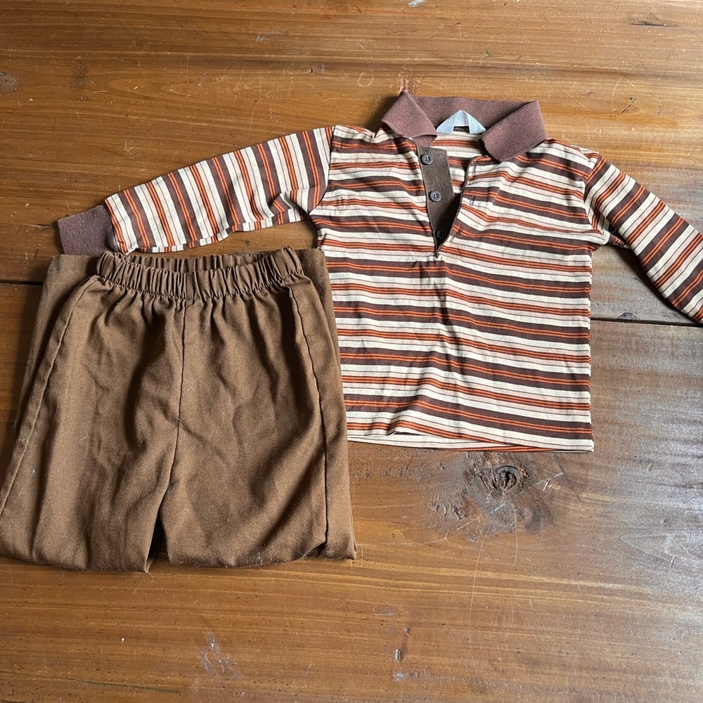 Vintage 70’s Boys Striped Brown and Tan Long Sleeve Shirt and Pants Set Size 5